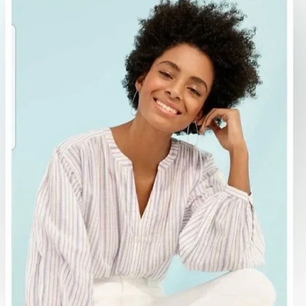 Loft Oversized Puff Sleeve Round Hem Button Up Blouse - Picture 15 of 15